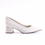White leather pump with a low-cut vamp and a striped stacked block heel on a white background.