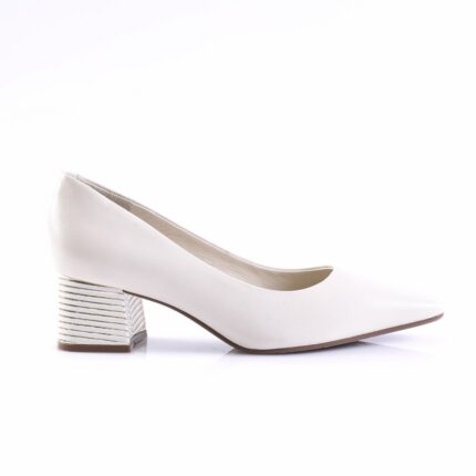 White leather pump with a low-cut vamp and a striped stacked block heel on a white background.