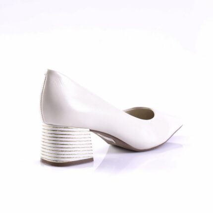 White leather pump for women with a chunky, striped stacked heel (side view)