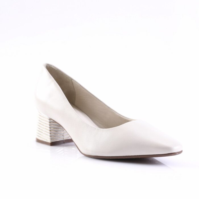 White women's pump with a metallic stacked block heel, photographed from a side angle on a white background.