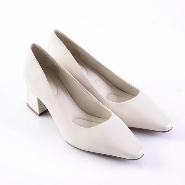 Pair of cream-colored women's pumps with a chunky striped block heel on a white surface.