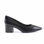 Black leather women's pump with a stacked striped block heel and pointed toe.