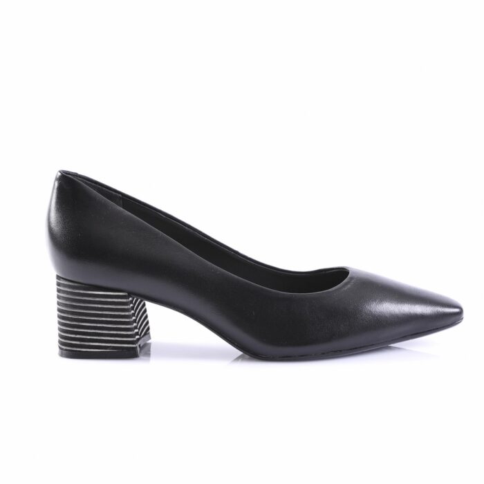 Black leather women's pump with a stacked striped block heel and pointed toe.