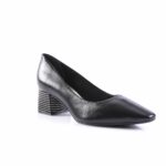 Black leather women's pump with a stacked striped block heel on a white background.
