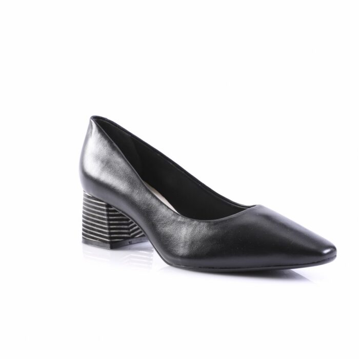 Black leather women's pump with a stacked striped block heel on a white background.