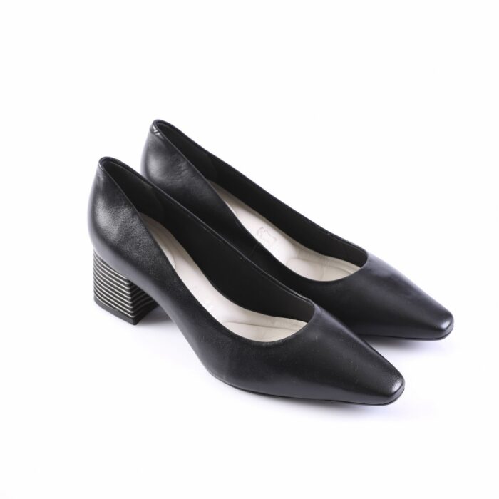 Black leather women's pumps with a pointed toe and a short striped block heel.09--note: the heel has horizontal stripes for a distinctive look.