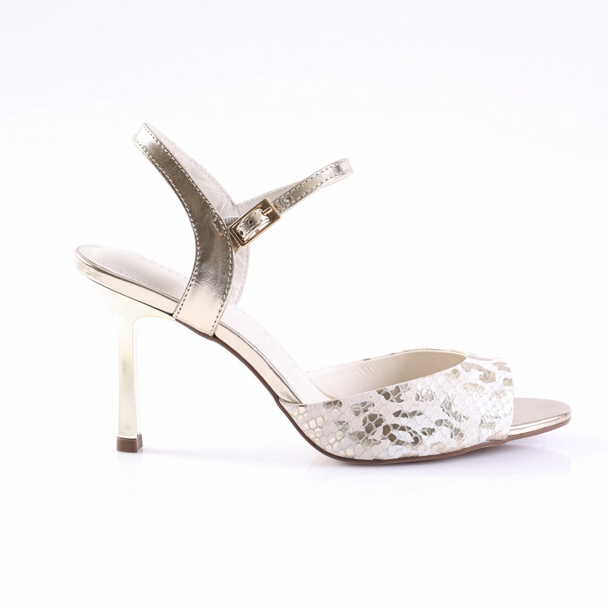 26CP404OR-1 Gold metallic strappy high-heeled sandal with a snakeskin front strap and ankle buckle