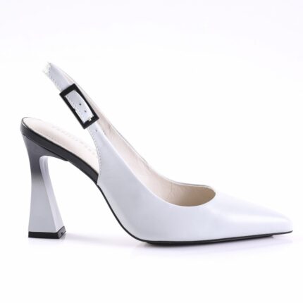 White pointed-toe slingback pump in white leather with a black square buckle and a geometric block heel.
