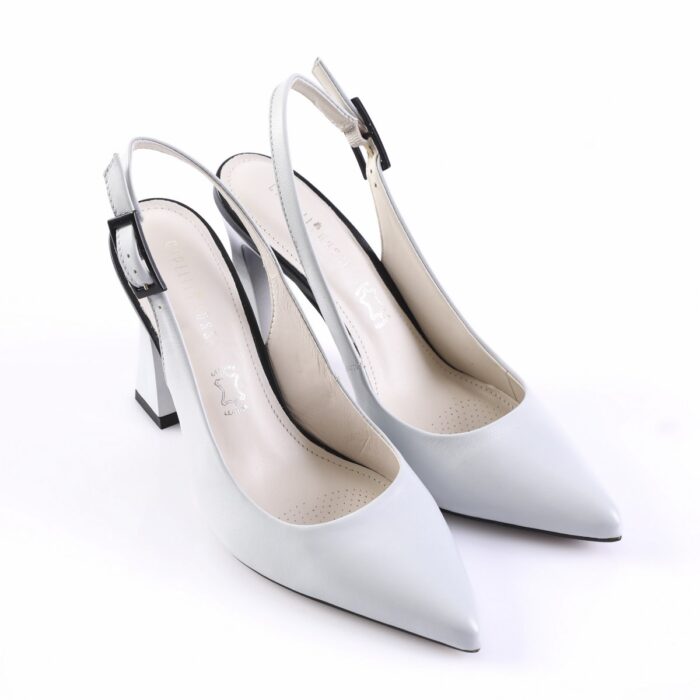 Light gray pointed-toe slingback pumps with clear acrylic block heels displayed on a white background (two shoes).