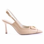 Beige pointed-toe slingback high heel with a gold buckle detail on the front