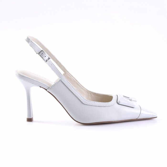 White slingback pump with pointed toe and ankle buckle strap, mid-height heel