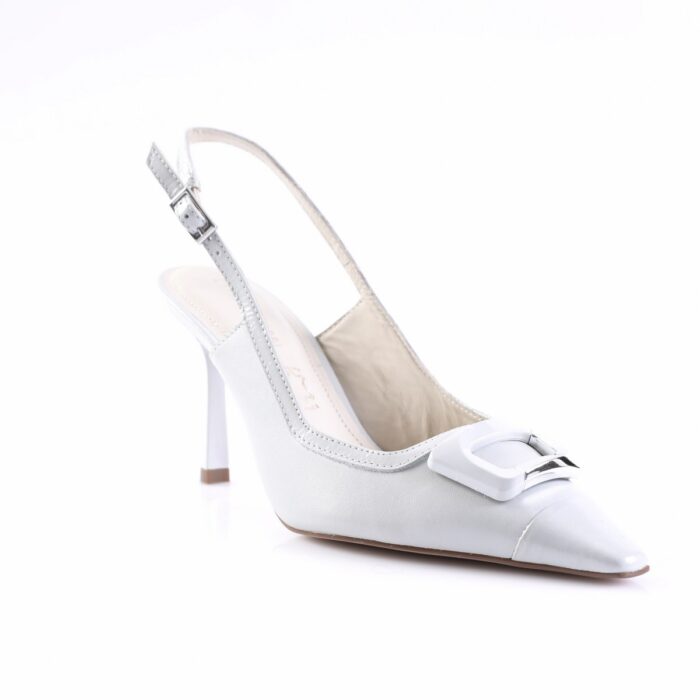 White slingback high-heeled pump with a pointed toe and decorative buckle detail on the front.