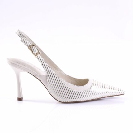 White slingback high heel with diagonal metallic stripes and a small gold buckle on the strap, shown in side view