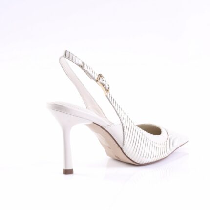 White striped slingback high-heeled pump with a pointed toe and slim heel.
