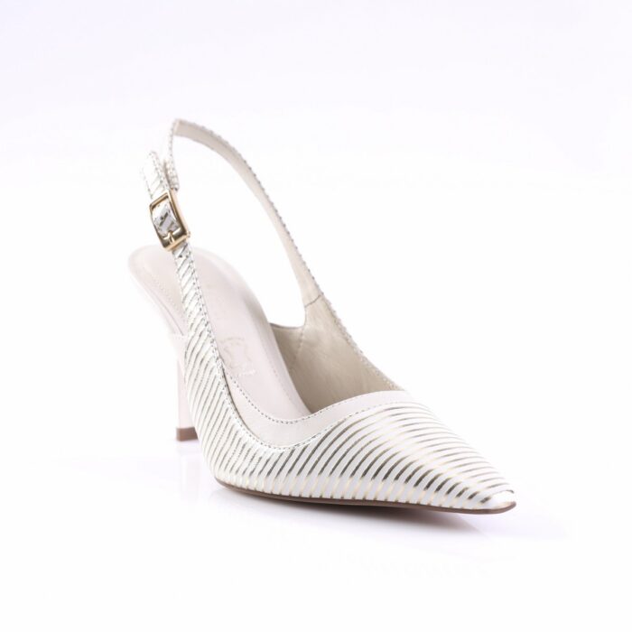 Cream-colored pointed-toe slingback heel with thin metallic stripes and a small buckle on the strap, elegant dress shoe key details.