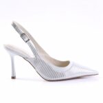 Silver striped slingback pump with a pointed toe and mid-height heel for formal wear.