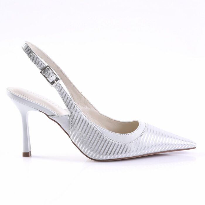 Silver striped slingback pump with a pointed toe and mid-height heel for formal wear.