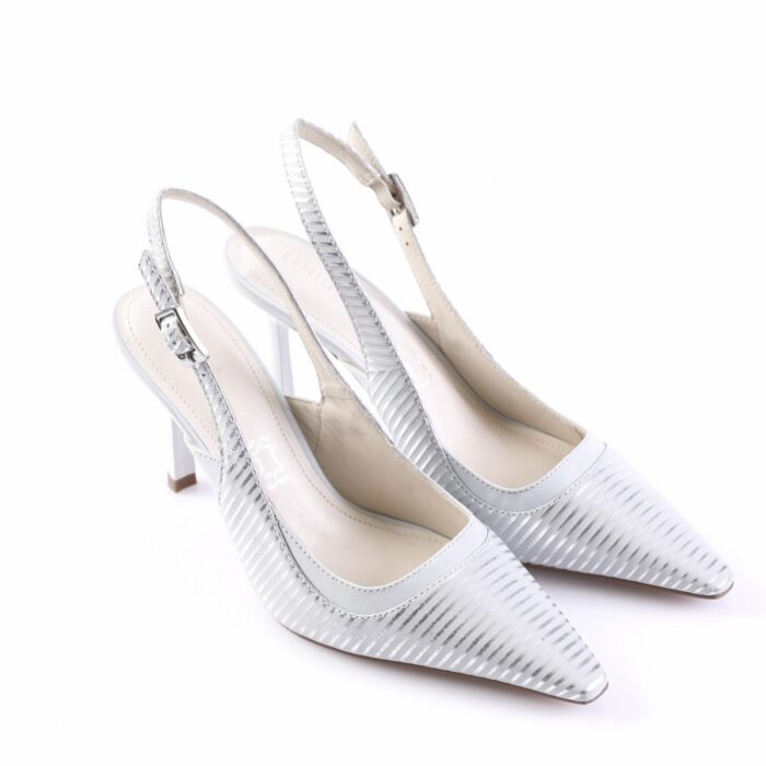 Silver metallic slingback pumps with pointed toes and diagonal stripes; medium-height heel and buckle strap for secure fit.