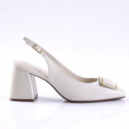 White leather sandal with ankle strap and gold buckle, low-cut toe, and textured block heel you can see from the side view.