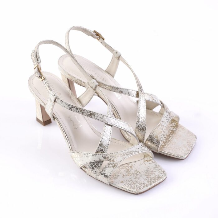 Silver metallic strappy sandals with a square toe and mid-height block heel, ankle strap with buckle.