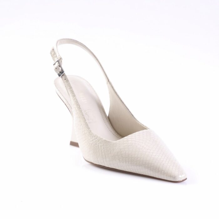 Cream snakeskin-textured slingback pump with pointed toe and mid heel.