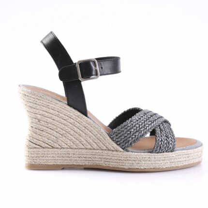 Black braided-strap espadrille wedge sandal with ankle strap and buckle closure at the side