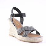 Black ankle-strap espadrille wedge sandal with braided grey front straps and a buckle.