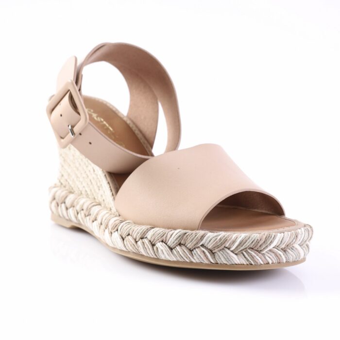 Beige open-toe espadrille sandal with a woven rope platform and ankle buckle strap.