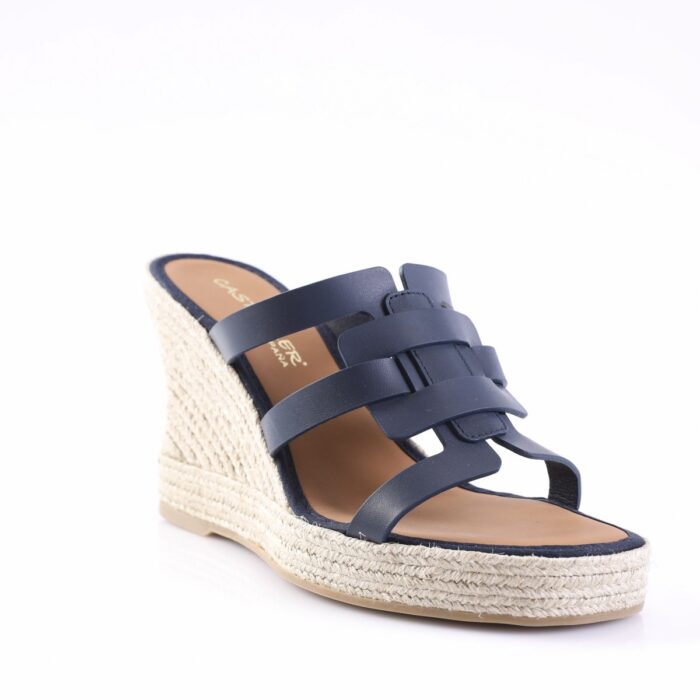 Navy blue wedge sandal with a braided jute platform and three strap upper, open toe, on a white background.