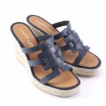 Navy blue wedge sandals with braided jute sole and multiple straps over a tan footbed