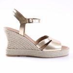 Gold metallic wedge sandal with ankle strap and braided jute heel, side view
