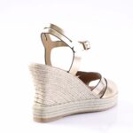 Gold metallic wedge sandal with braided rope platform and ankle strap