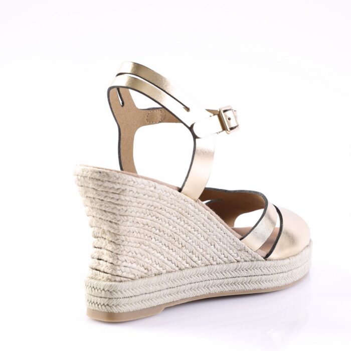 Gold metallic wedge sandal with braided rope platform and ankle strap