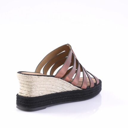 Brown leather strappy wedge espadrille with a braided jute midsole and black outsole