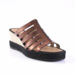 Brown leather strappy wedge sandal with a braided jute midsole and black outsole.
