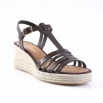 Black strappy wedge sandal with a braided espadrille sole and open toe detail.