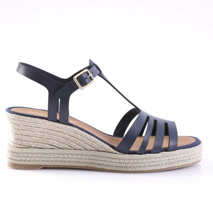 Navy blue wedge sandal with braided espadrille platform and ankle strap