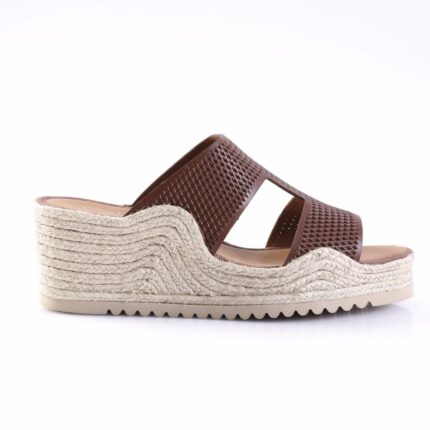Brown slip-on wedge sandal with a braided jute sole and perforated upper.