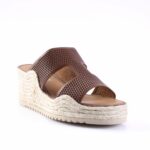 Brown perforated strap wedge sandal with woven rope sole, open toe, casual espadrille style.