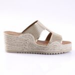 Beige espadrille wedge sandal with metallic gold perforated straps and braided rope sole.