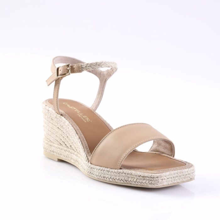 Beige espadrille wedge sandal with ankle strap and gold buckle, open toe, textured jute sole.