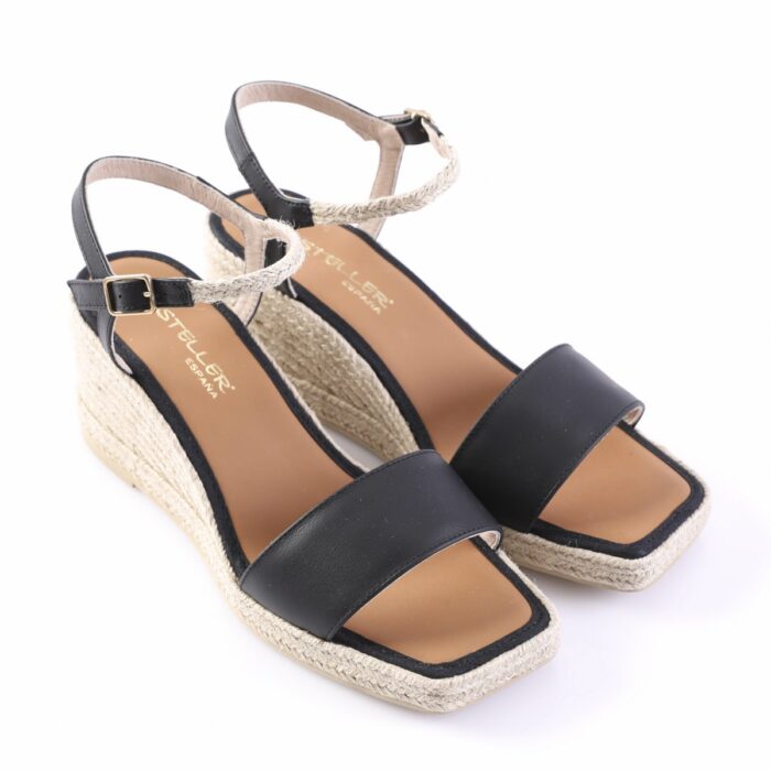 Women's black open-toe wedge espadrille sandals with braided jute platform and ankle strap with buckle.