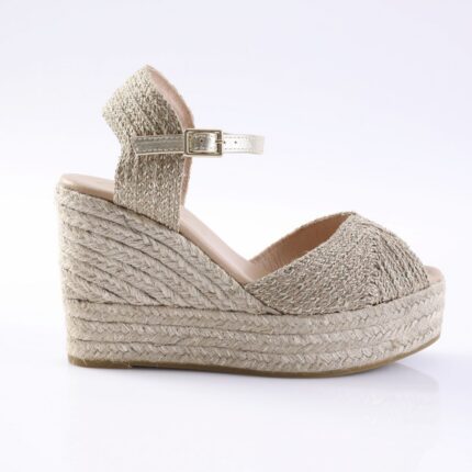 Beige metallic woven espadrille wedge sandal with ankle strap and buckle.