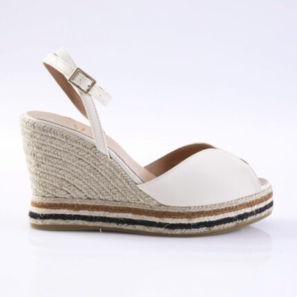 White wedge espadrille sandal with braided rope heel, ankle strap and buckle