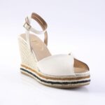 White espadrille wedge sandal with ankle strap and braided jute sole, open-toe design
