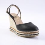 Black leather wedge espadrille sandal with an ankle strap and braided jute sole