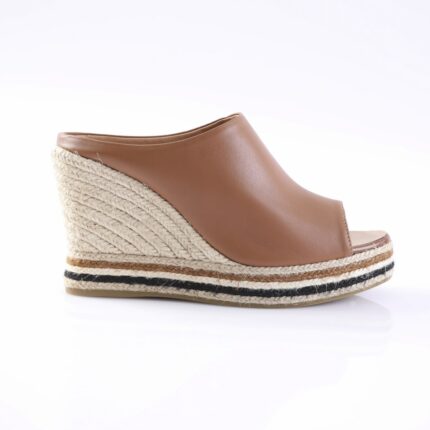 Brown leather wedge espadrille sandal with braided rope platform and beige sole edge.