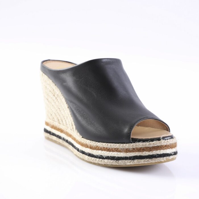 Black open-toe leather espadrille wedge sandal with a woven jute sole and striped midsection detail