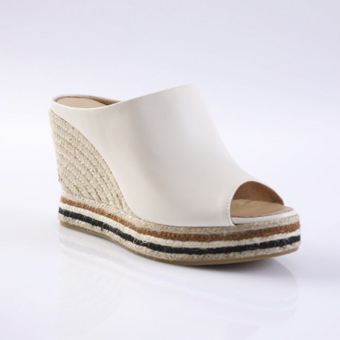 White open-toe espadrille wedge sandal with a rope-wrapped platform and striped midsole accents (black, brown, natural).