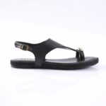 Black leather sandal with ankle strap and gold buckle, open-toe thong design for casual wear.
